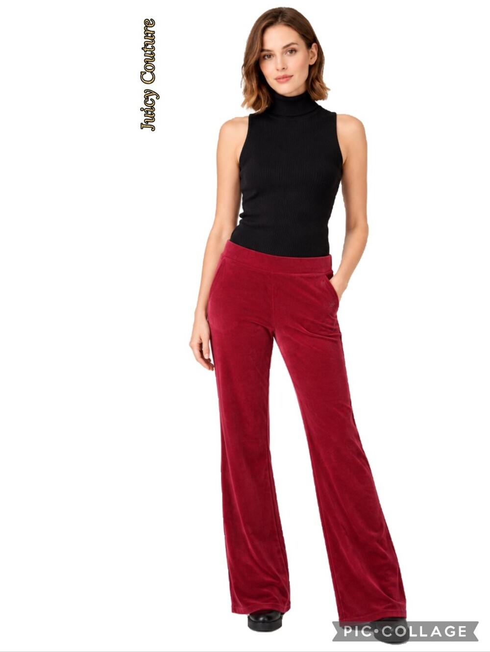 Juicy Couture red velour boot leg high-rise palazzo Pants logo elastic waist.
